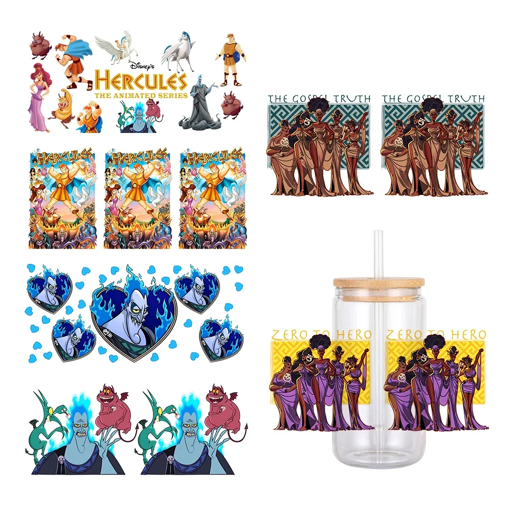 MINI pegatina de transferencia UV DTF con patrón de Hercules de dibujos animados, calcomanías de transferencia impermeables para pegatinas de envoltura de vasos de vidrio de 16oz