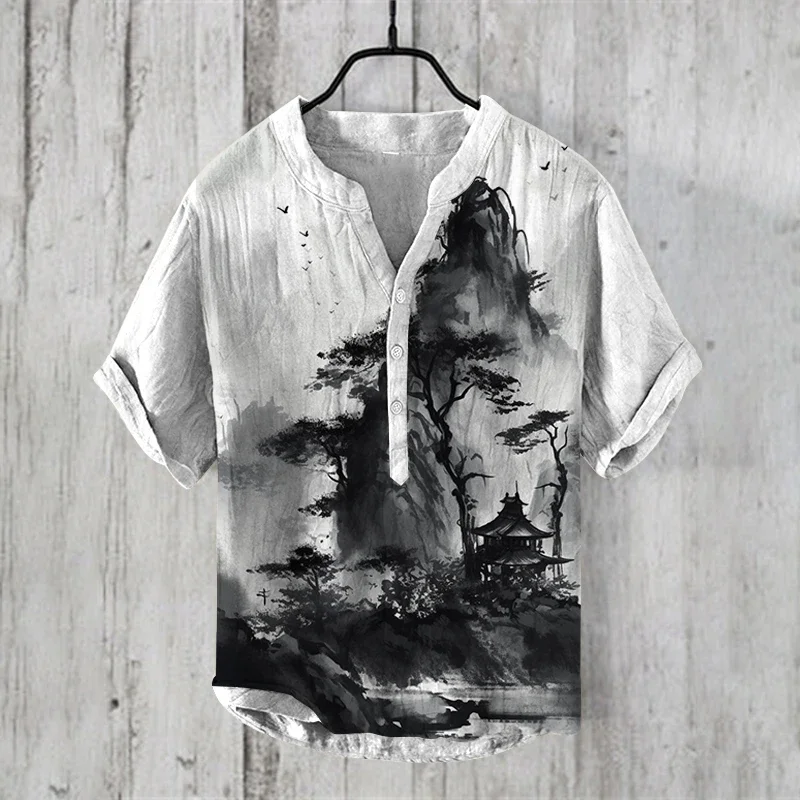 Summer Fashion Retro Men's The Wolf Print V-Neck Henley Shirt Men's Ink Style Mens Short Sleeve Casual Shirt Tops