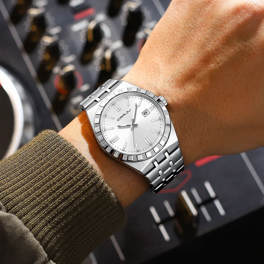 

Мужские часы CRRJU, оригинальные брендовые водонепроницаемые кварцевые часы с ремешком из нержавеющей стали, автоматические часы с датой, мужские подарочные часы для мужчин