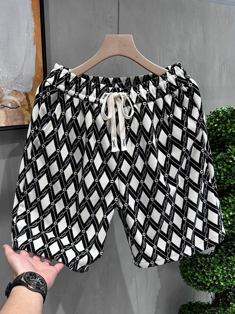 high-end-diamond-grid-men's-casual-shorts-half-length-home-wear-outdoor-fashionable-brand-pocket-handkerchief-trousers