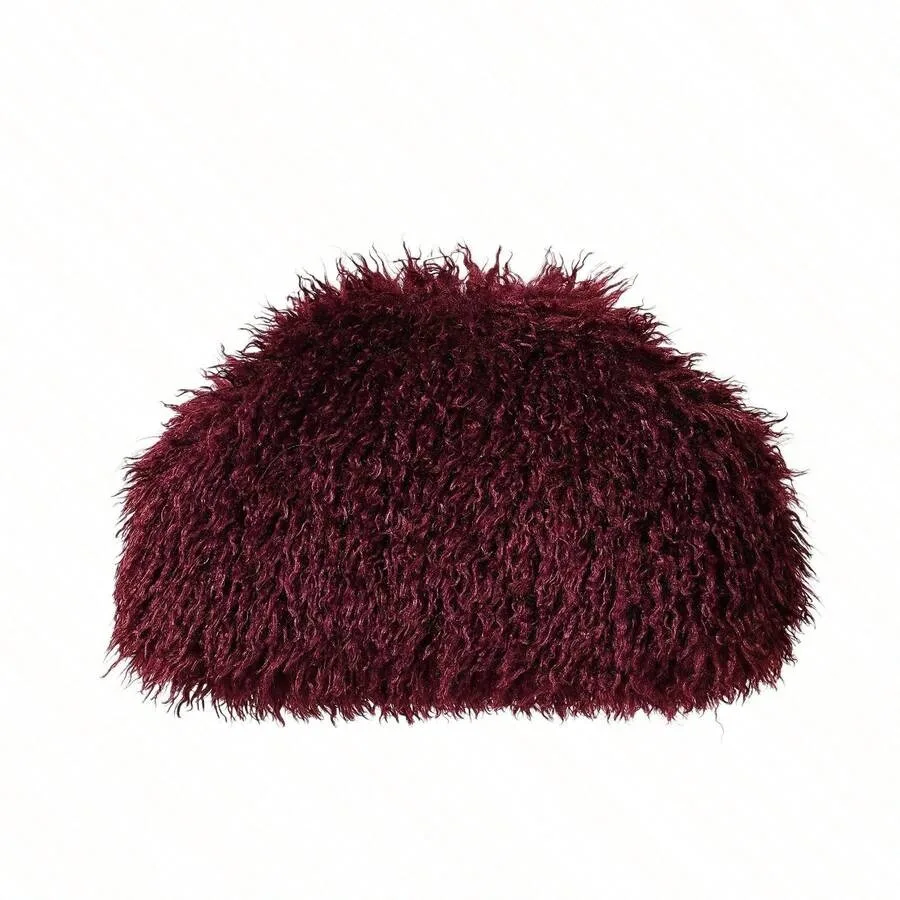 Women Burgundy Mob Wife Faux Sheep Fur Shearling Clutch, Winter Punk Fluffy Furry Plush Statement Handbag, For Club, Street Fas
