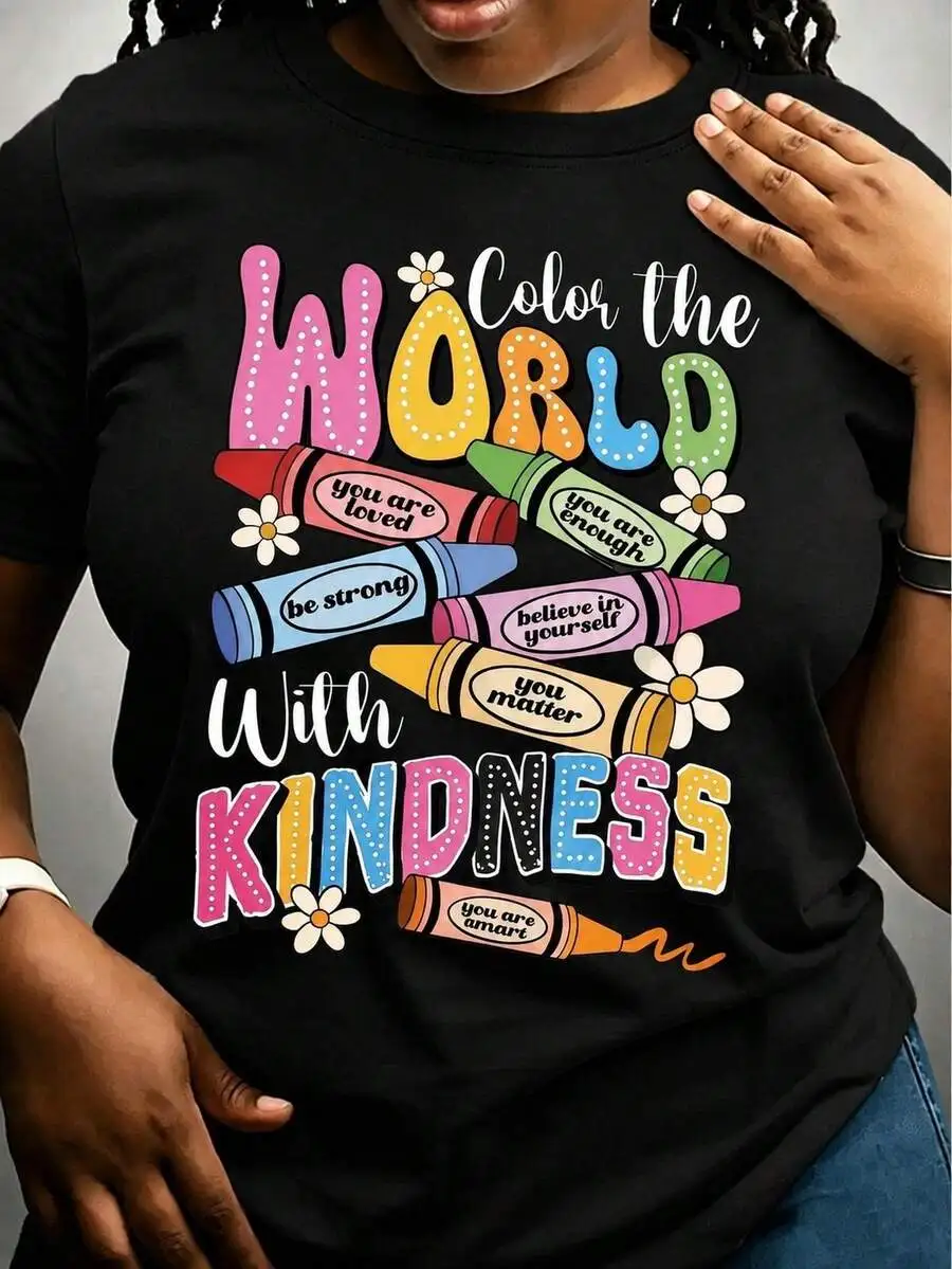 Colorful Crayon Kindness Quote Graphic Tee, Women Round‑Neck Short‑Sleeve Black Tops, Cute Casual Going‑Out Tops, Positive Daily‑Wear Loose‑Fit