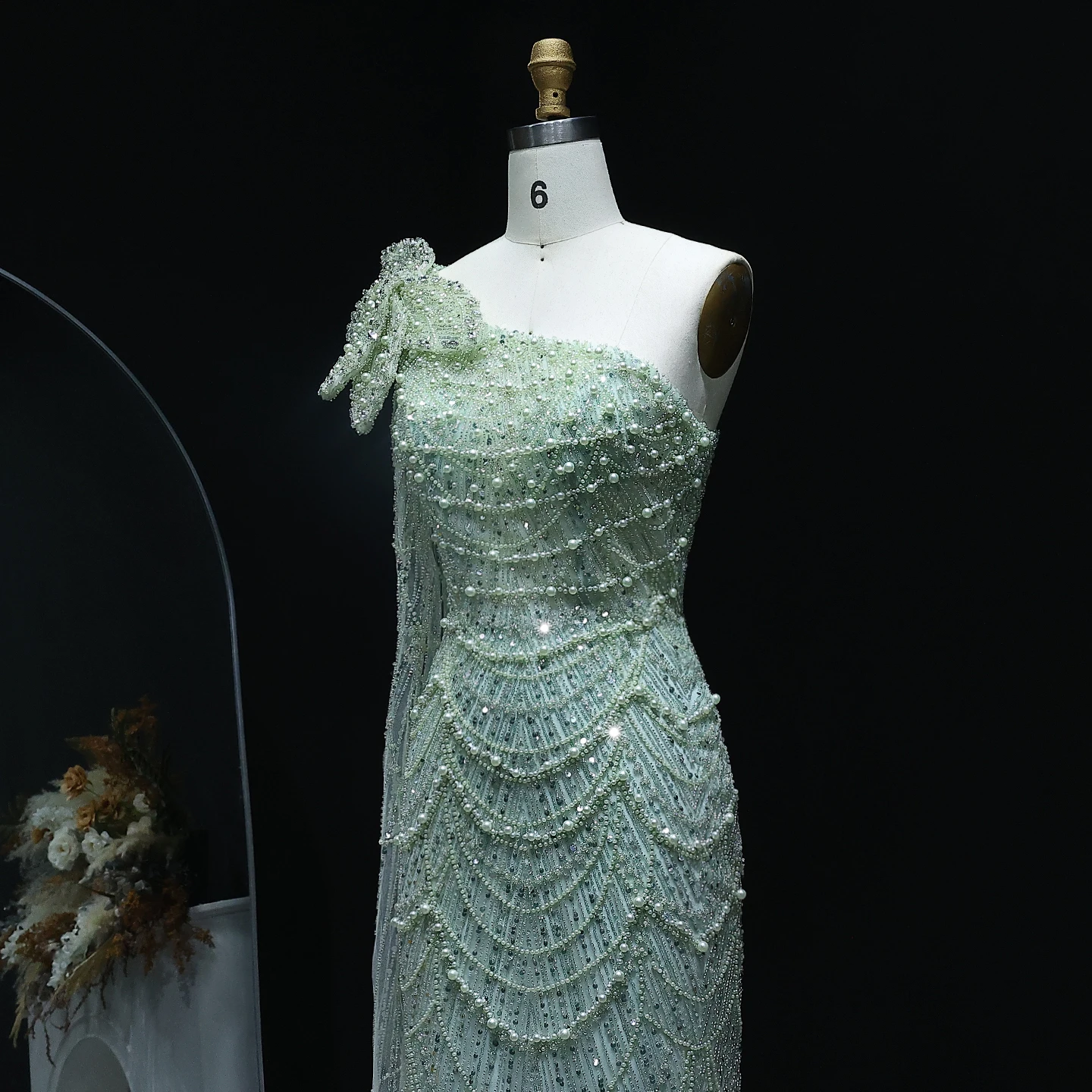 Sharon Said Luxury Pearls Sage Green One Shoulder Evenng Dress Cape Sleeves 3D Flower Women Wedding Party Gowns SS688 Customized image 5