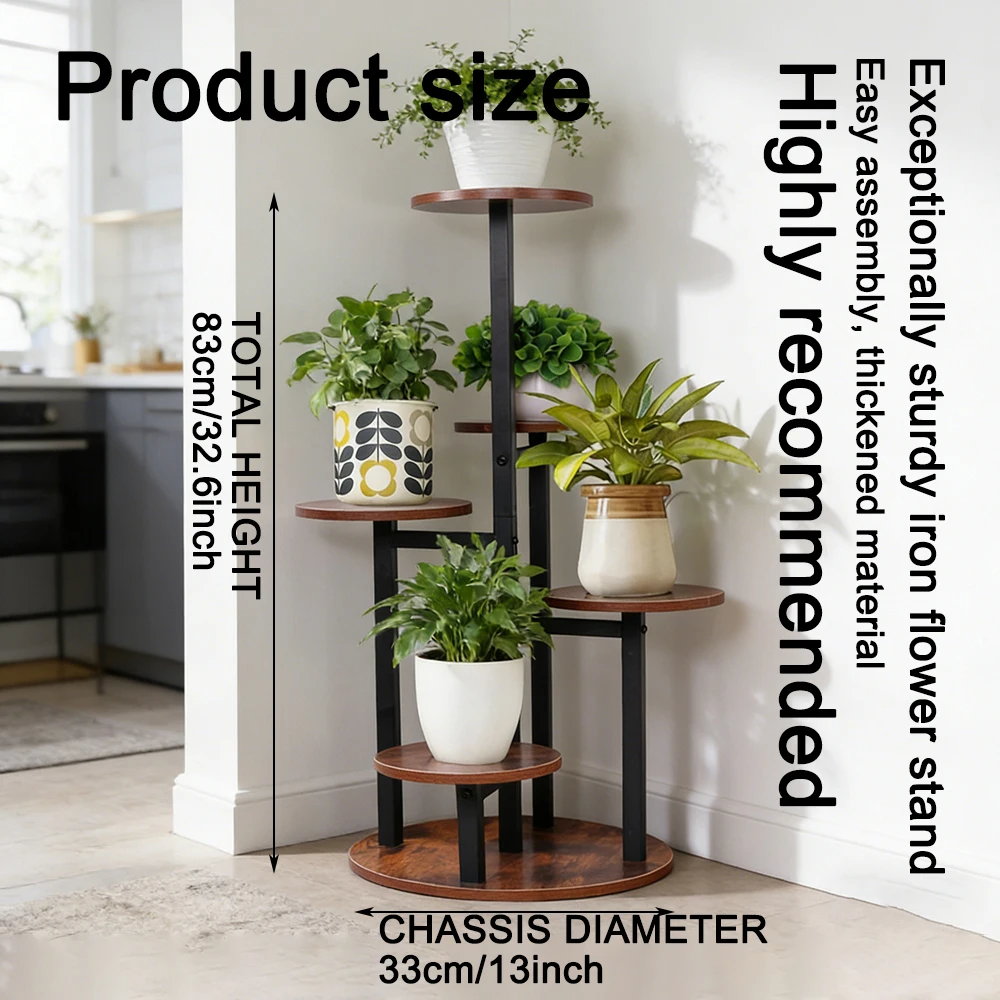 5-Tier Rustic Wood & Metal Plant Stand - Multi-Level Flower Shelf for Indoor, Balcony & Living Room - Sturdy Tall Plant Display