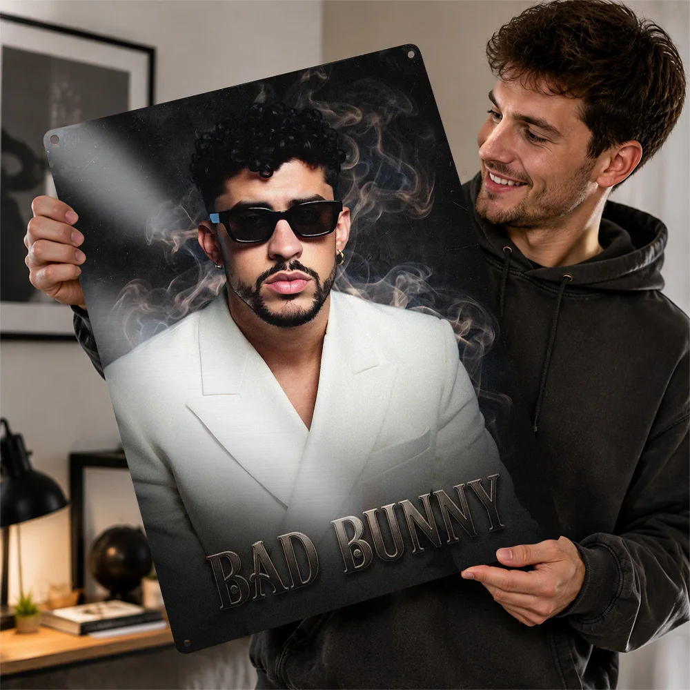 Bad Bunny Portrait Aluminum Poster Customized Metal Tin Sign Latin Music Tribute Wall Art Enhances Record Room And Home Office