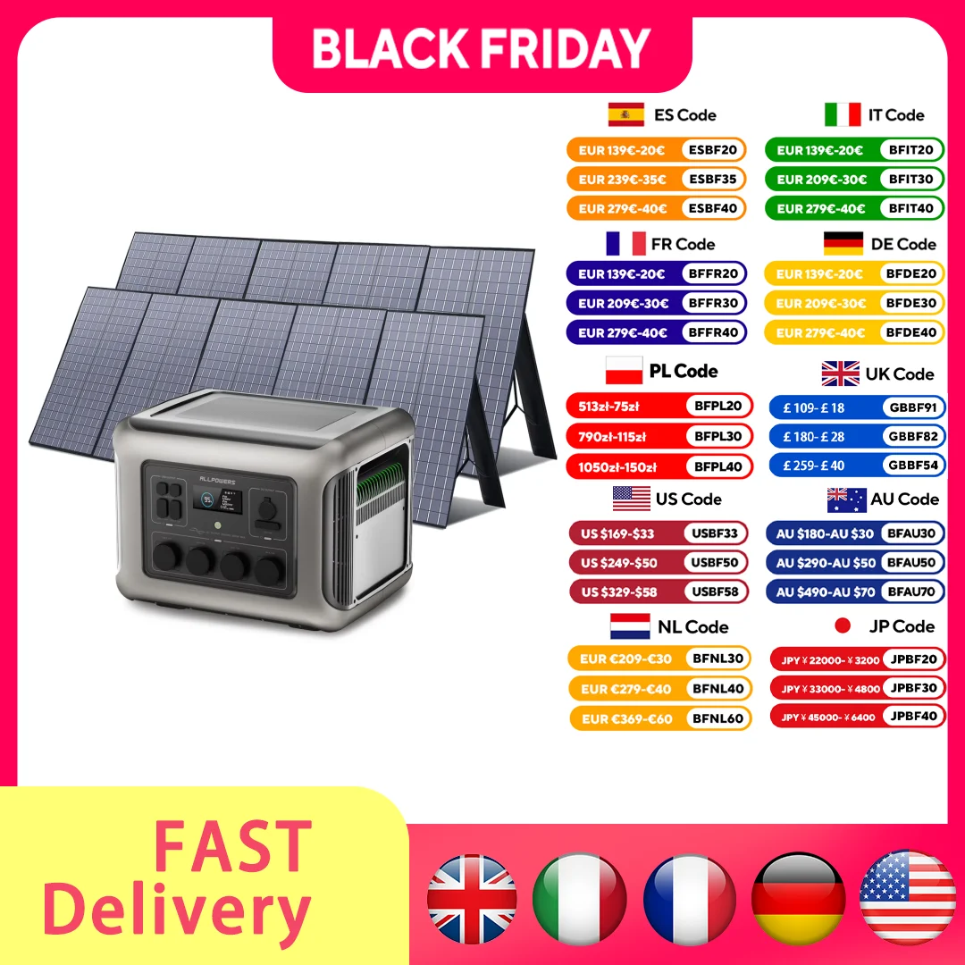 

ALLPOWERS R2500 2016Wh LiFePO4 Portable Solar Power Station with Foldable Solar Panel SP037 200W / 2X200W Charger for RV Camping