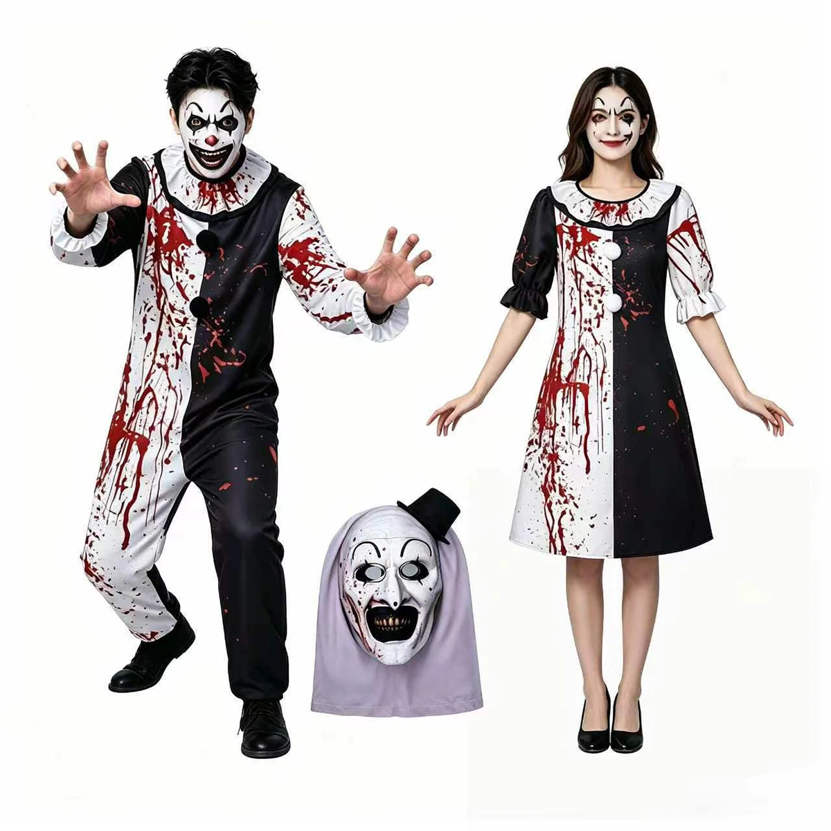 Kids Terrifier Clown Cosplay Set, Blood‑Print Boys Jumpsuit Girls Dress with Scary Mask, Halloween Carnival Horror Outfit