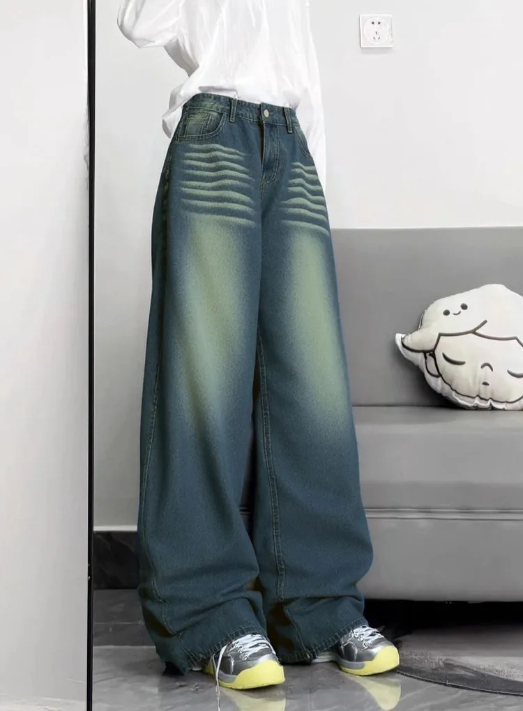Women's Crease Print Pattern Wide Leg Retro Blue Jeans Unisex Style Bottoms Casual Denim Pants Female High Waist Street Trousers