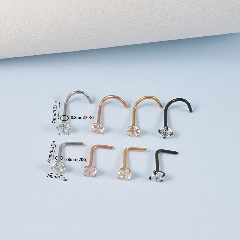 1PC Stainless Steel  S-shaped Nose Ring Heart Star Round  Zircon Top Screw Nose Piercing Retainer Holder Body Jewelry 20g