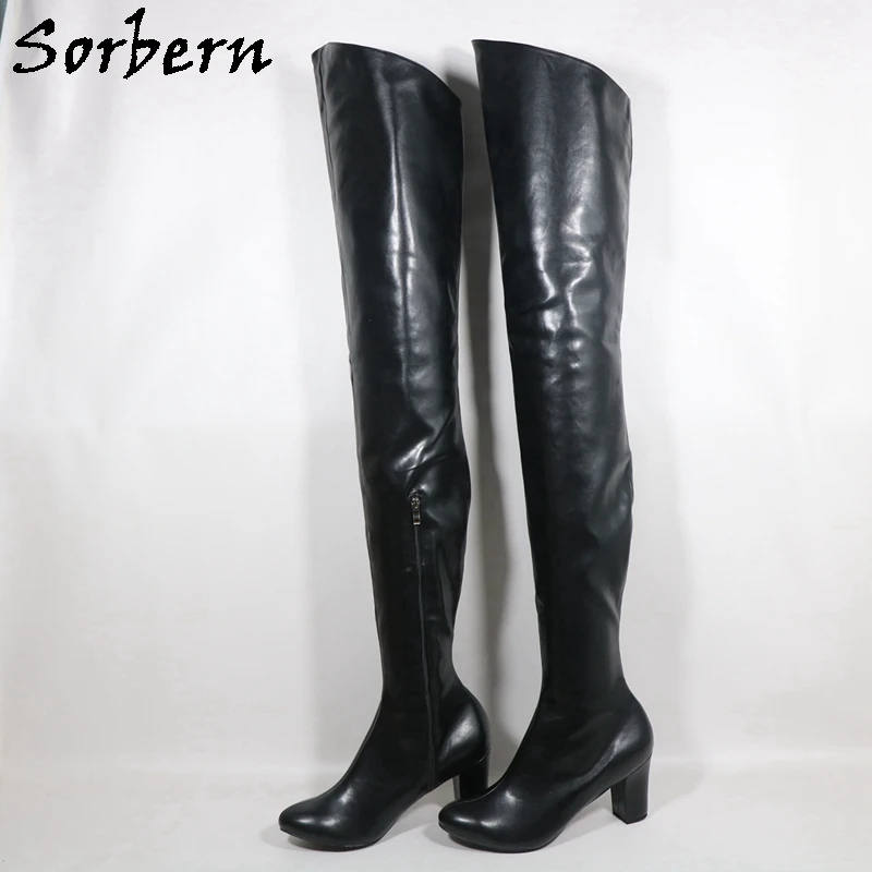 Sorbern Black Matte Mid Thigh High Women Boots Low High Heel Round Toe Zipper Up Shoes Chunky Heeled Custom Plus Size 47 48