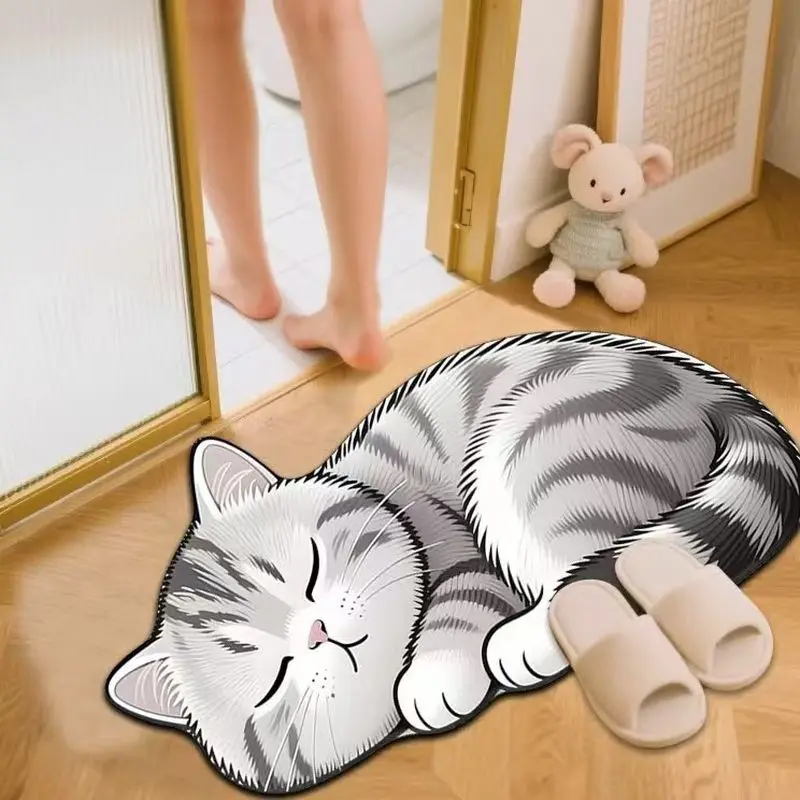 VIKAMA Grey Kitten Lying Down Door Mat Soft Warm Non Slip Bathroom Laundry Room Decor Comfortable Underfoot Mat Home Decor