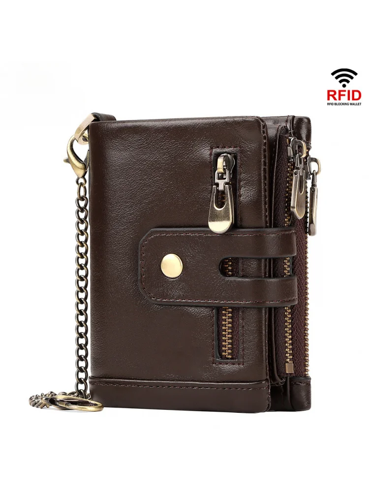 เข็มขัดหนังวัวแท้แบบ RFID ป้องกันการโจรกรรมข้อมูล พร้อมช่องใส่บัตรและเหรียญขนาดใหญ่สำหรับผู้ชาย ดีไซน์แบบสามพับพร้อมโซ่คล้อง