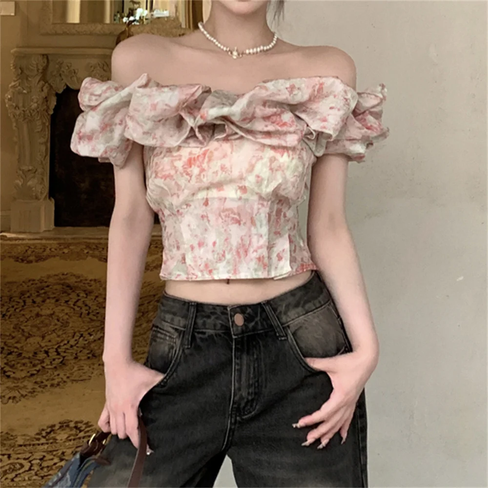 PLAMTEE S-M Women Slash Neck Florals Blouses Summer Off Shoulders 2023 Short Sleeve Sweet Party Ruffles Slim New Daily Mujer