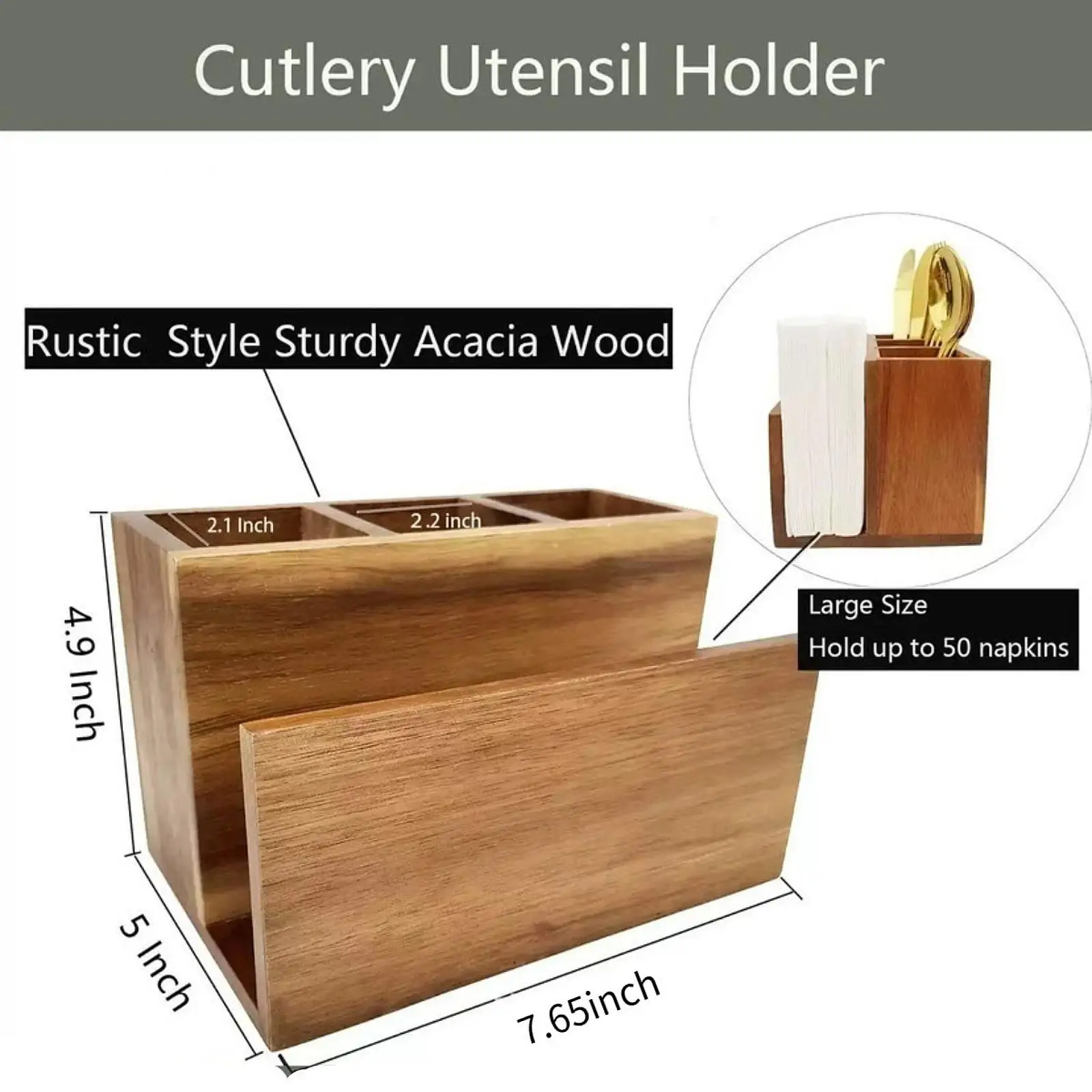 Rustic Wooden Organizer Napkin Case Silverware Holder Multi Section Flatware Box for Home Countertop