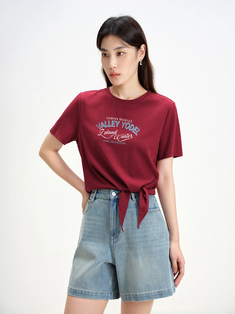 DUSHU Women Summer Tees Letter Print Retro Red Short Sleeve Tops Round Neck Cotton Female Front Shoulder T-Shirts 24DS82808