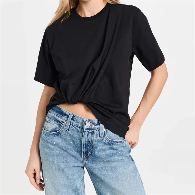 

T-shirt 2024 Summer New in Asymmetric Hem Short Sleeve Top Elastic knitted pure cotton round neck pullover Open navel undershirt