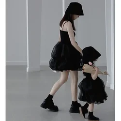 Elegant Mother and Daughter Black Fluffy Tulle Dress Mom and Baby Girls Party Tutu Dresses 2023 New Mommy and Me Wedding Dresses