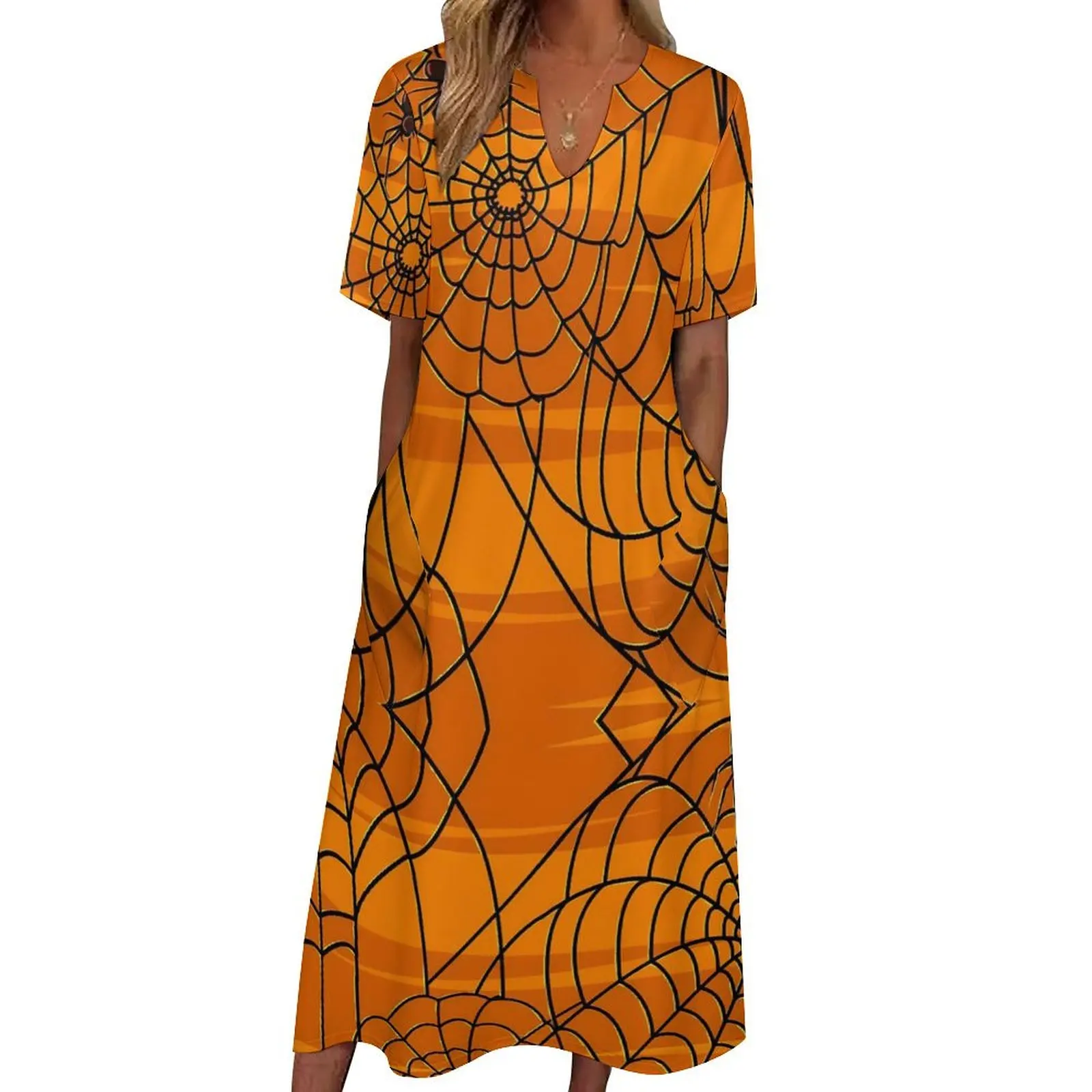 Divertente vestito di Halloween nero e arancione Spider Web Night Club Maxi Dress Fashion Boho Beach abiti lunghi estate scollo a V Vestido