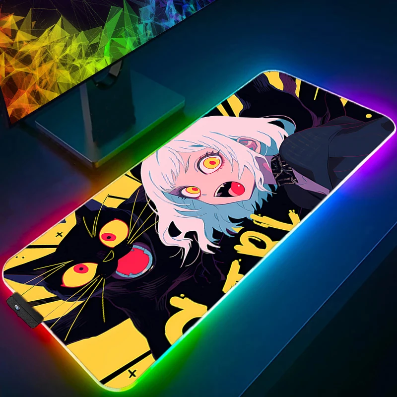 

Mouse Pad Gamer Keyboard Pad Kawaii Mousepad LED PC Computer Anime Girl Extended Desk Mat Gaming Pad RGB Black Cat Mouse Mats