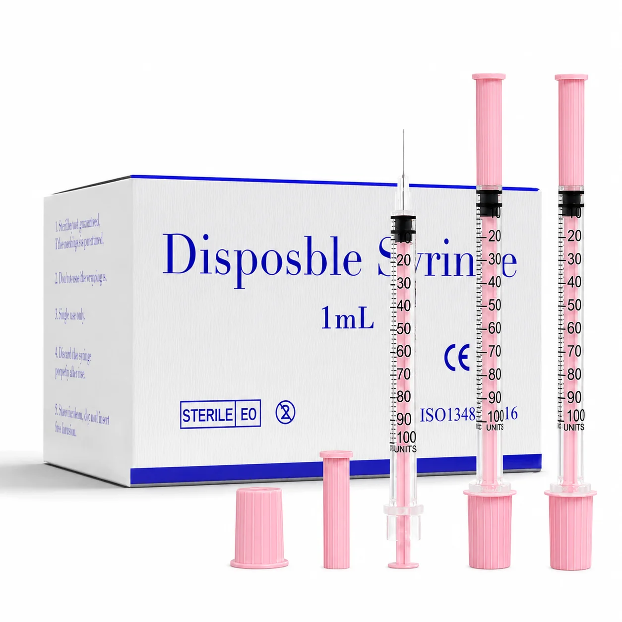 Paquete  100 jeringas  insulina personalizadas  color rosa  1 ml con aguja  31G x 8 mm y 30G x 8 mm, estériles por EO, sechables