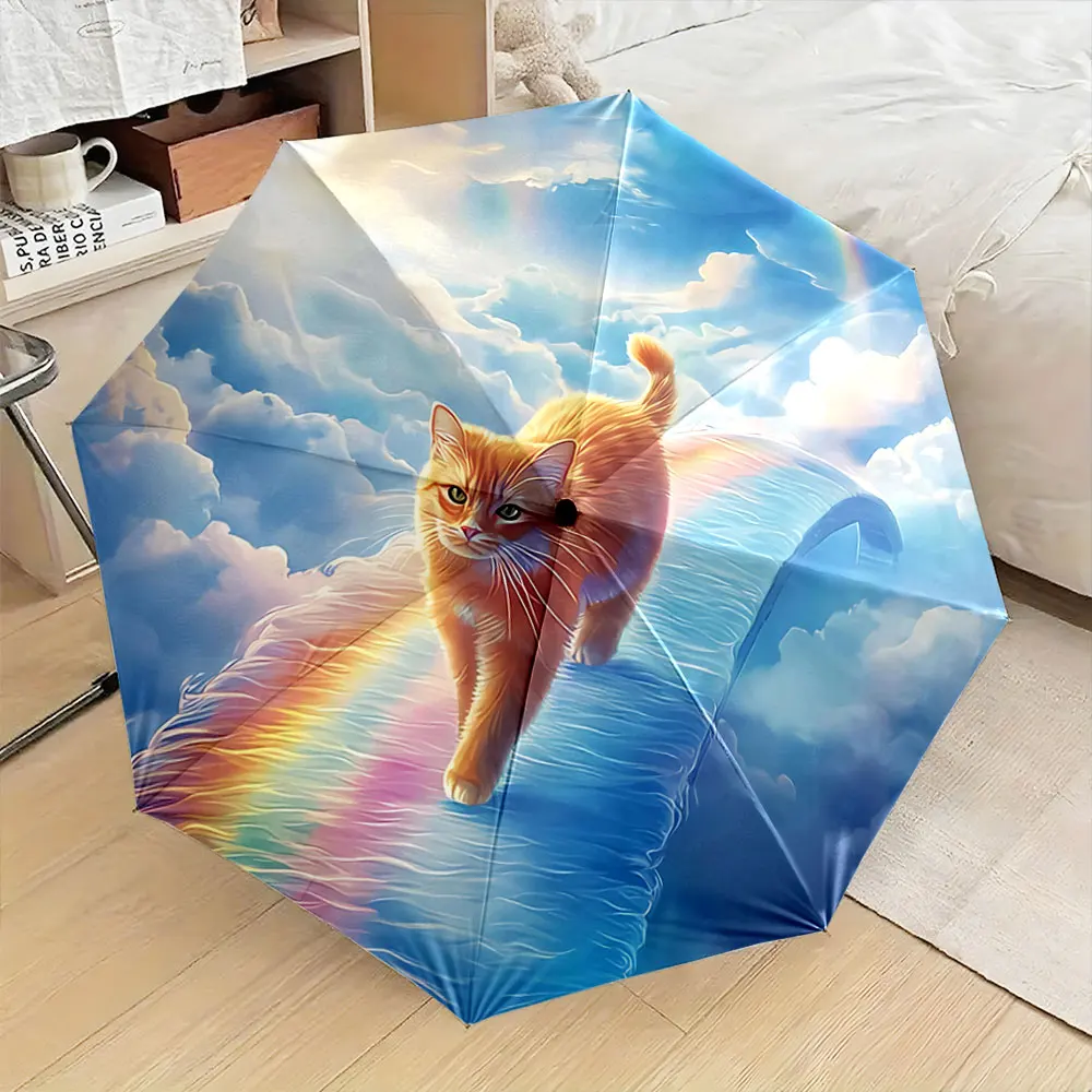 Orange Cat Walking on Rainbow Bridge in Dreamy Sky Scene portable waterproof sun rain umbrella for outdoor travel beach