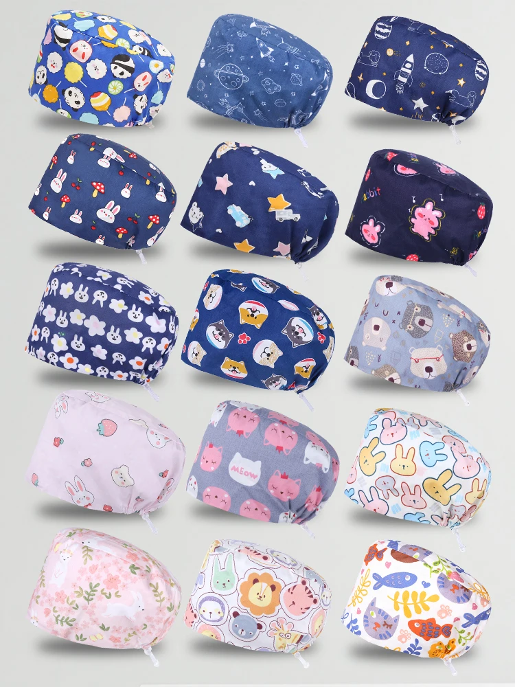 Print Nursing Scrub Caps for Women Men Doctors Nurse Medical Hats Cotton Comfortable Sanitary Sport Cycling Chef Skull Caps K828
