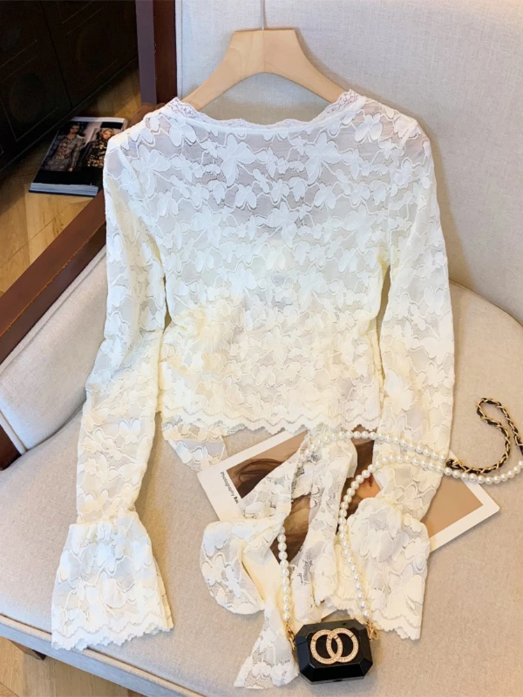 تي شيرت نسائي من الدانتيل المشمش Harajuku الكوري Y2k تي شيرت عتيق جمالي بأكمام طويلة تي شيرت ضيق 2000s ملابس Coquette 2024