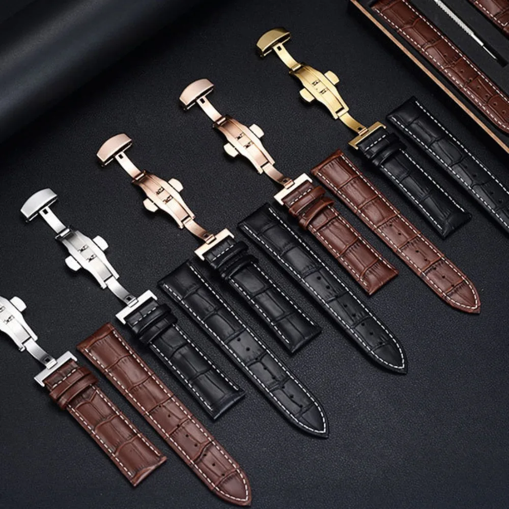 

19mm 20mm 21mm 22mm Full Grain Cow Leather Watchband Crocodile Pattern Replacement Watch Belt with Gift Box Adjustable