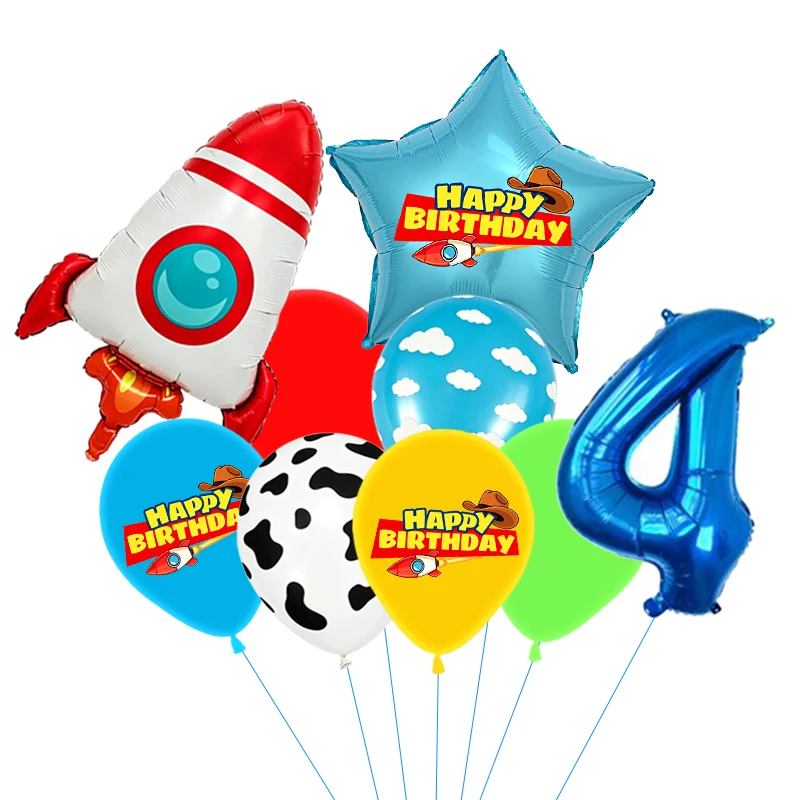 Rote, gelbe und grüne Spielzeugballons, hellblaue Ballons mit Wolken- und Kuhmuster für die Dekorationen zu Babystory- und Cowboy-Partys – Detail 5