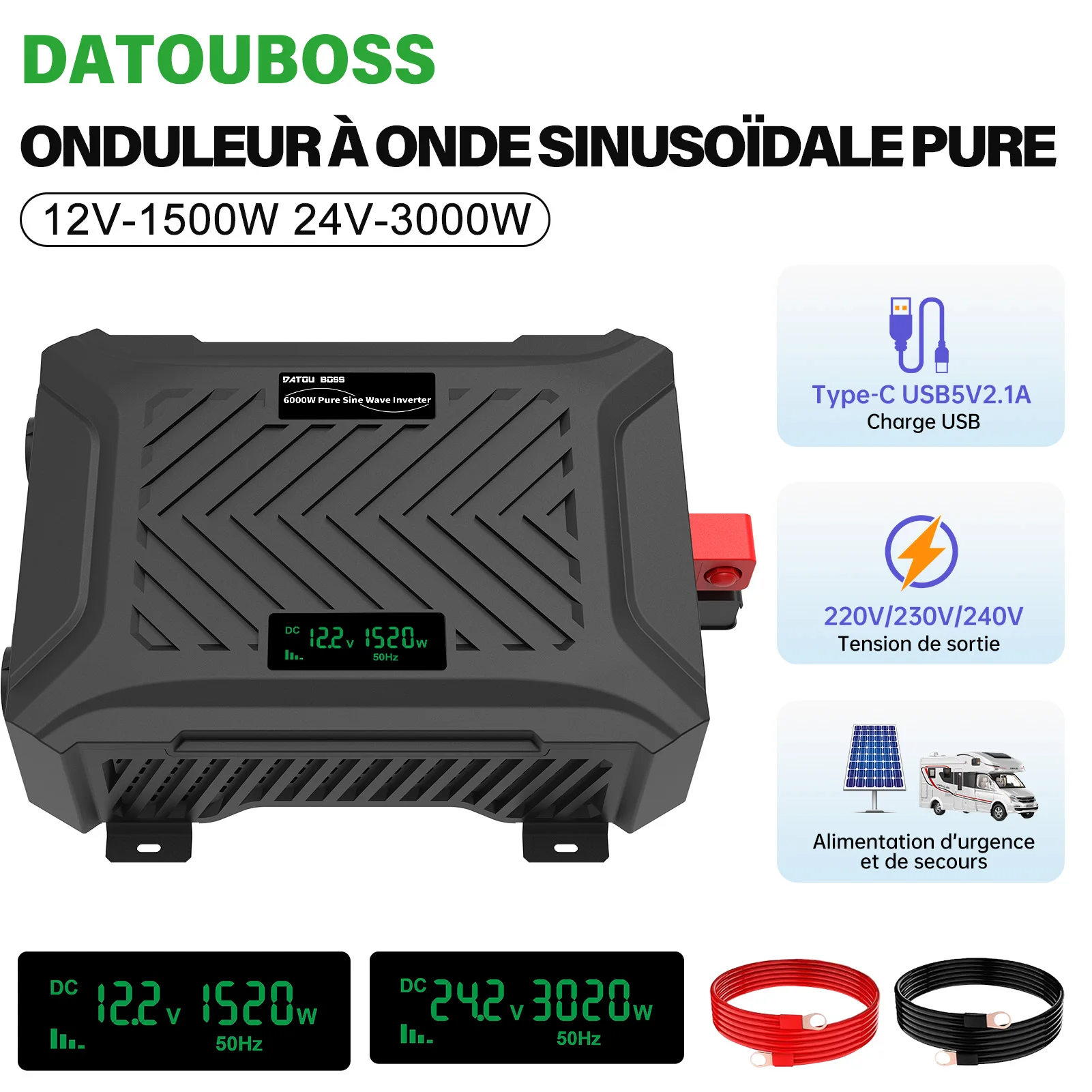 Convertisseur de courant sinusoïdal DATOUBOSS double tension 1500 W/3000 W, 12 V/24 V vers 230 V, avec système de détection intelligent, écran LCD, prise EU