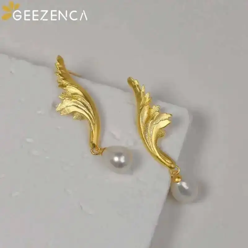 GEEZENCA 925 Sterling Silver Pearl Dangle Earrings For Women Plant Acanthus Pattern Designer Chic Unique Earring 2024 New Gift