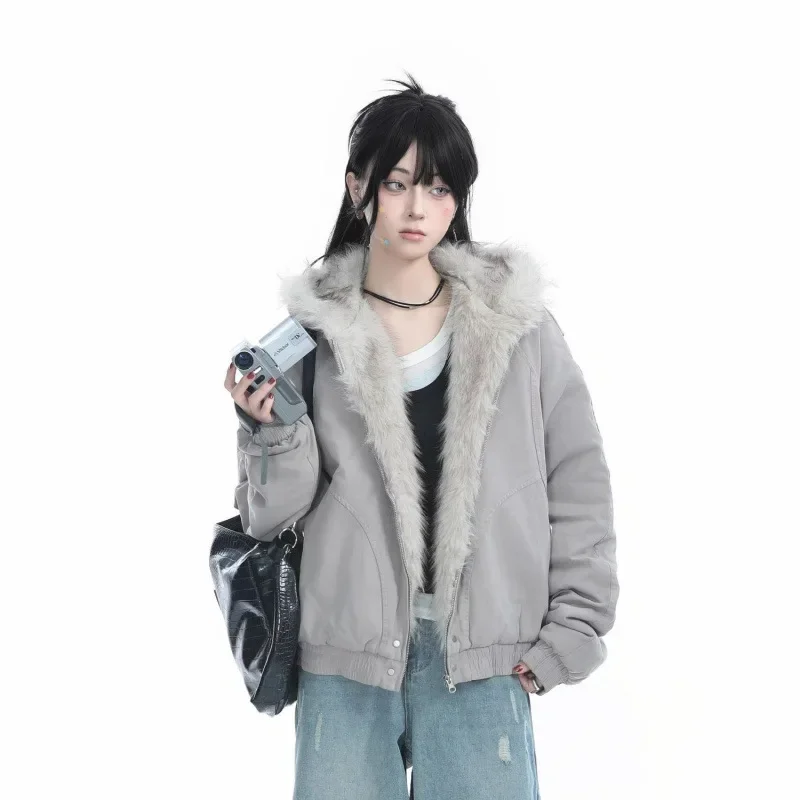 

Faux Fur Collar Hooded Cotton-Padded Jacket Womens Retro Streetwear Loose Zippers Coat Female Plush Thickening Warm Outwear