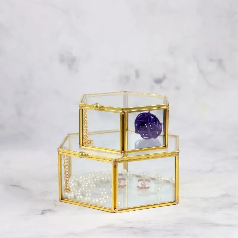 Sechseckige Ringbox Gold und Schmuckzubehörbox Goldene Glas Luxuriöse und Retro Schmuckaufbewahrungsbox – Detail 11