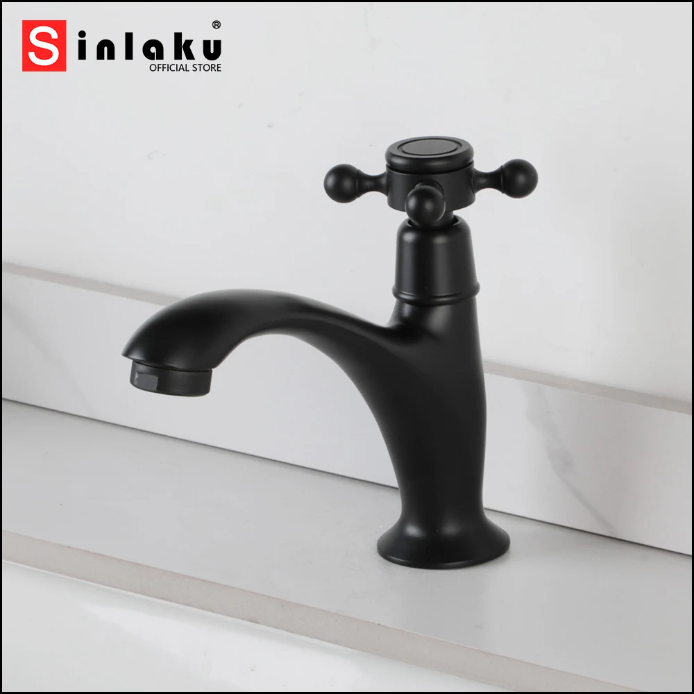 

SINLAKU Matte Black Bathroom Basin Faucet Single Cold Stream Water Outlet Cross Handle Rotation Control Deck Mounted Bath Taps