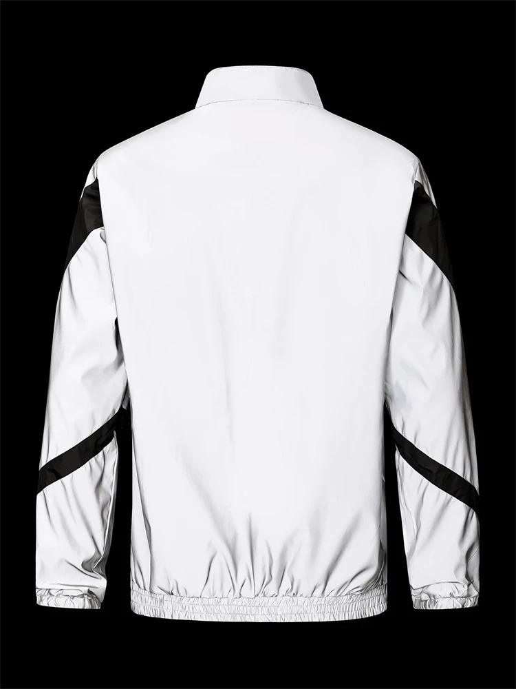 Chaqueta reflectante de noche para hombre, abrigos informales empalmados con cuello levantado a la moda, ropa de calle gris para baile Hip-hop a la moda para primavera y otoño