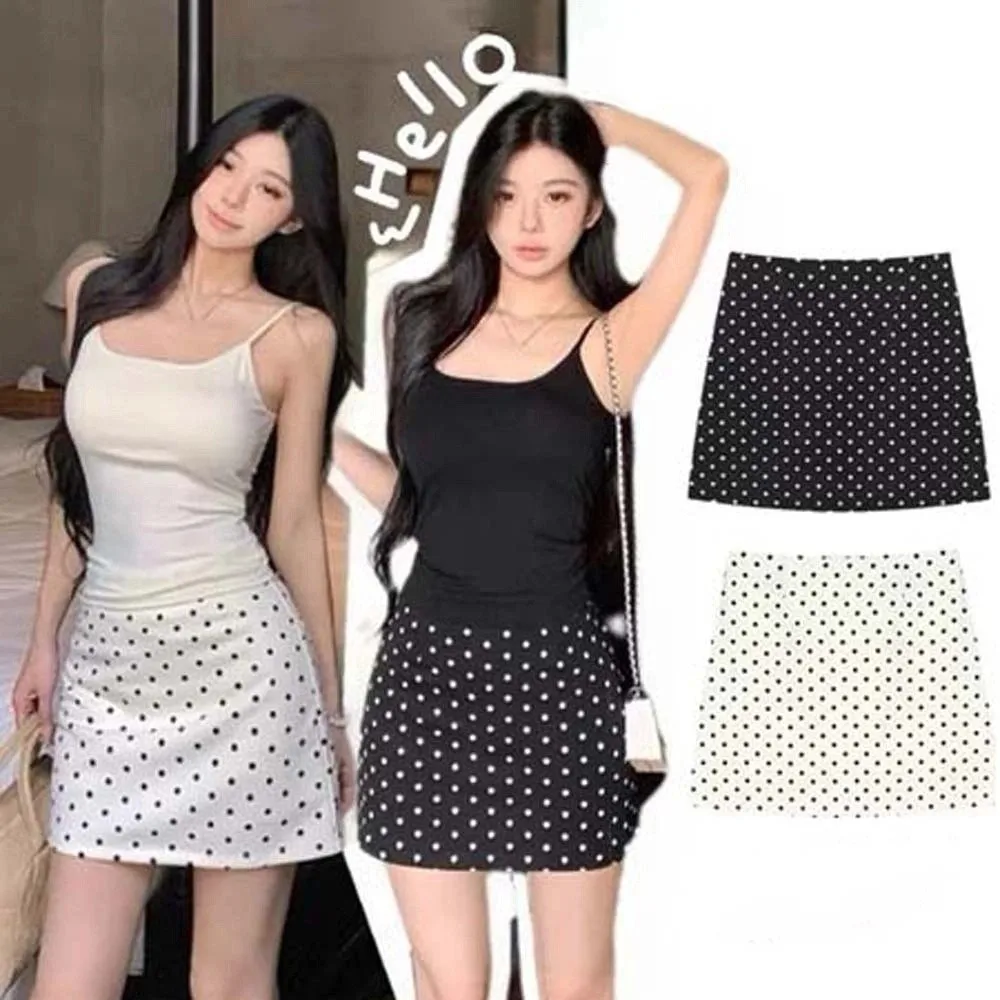 

High Waist Polkatdot Short Skirt Slim Fit Black/Apricot Dot Half Slips Korean Ins Style Spicy Girl Dot A-line Dress Shopping