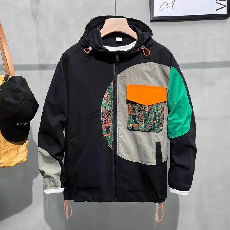 Men's Street Style Casual Loose Hooded Jacket Cool Style Ins Fashion Color Block Bomber Jacket
