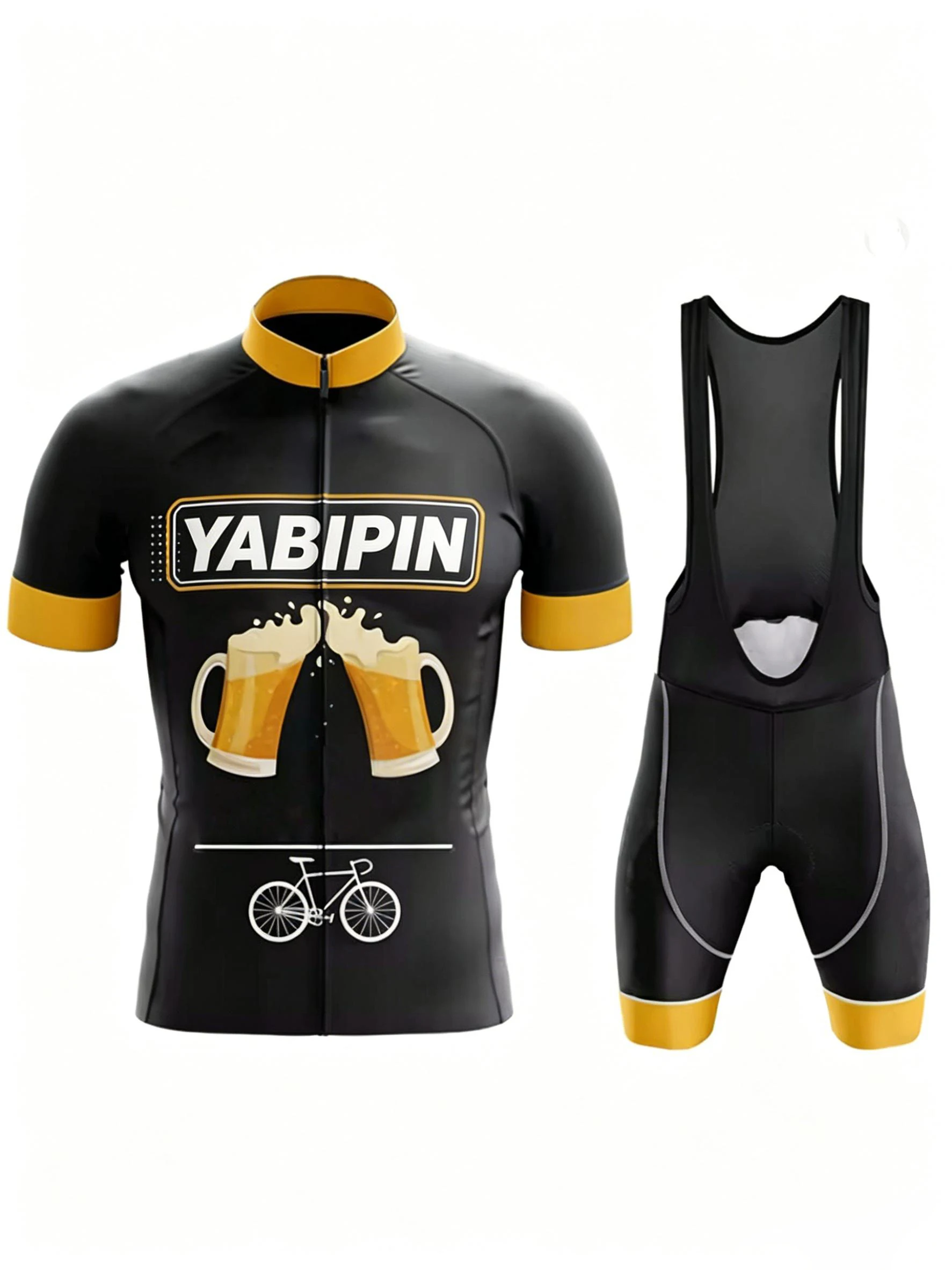 

Mountain Bike Bib Set for Men, Short Sleeve Stand Collar Letter Print, Breathable Quick Dry Cycling Jersey & Bib Shorts