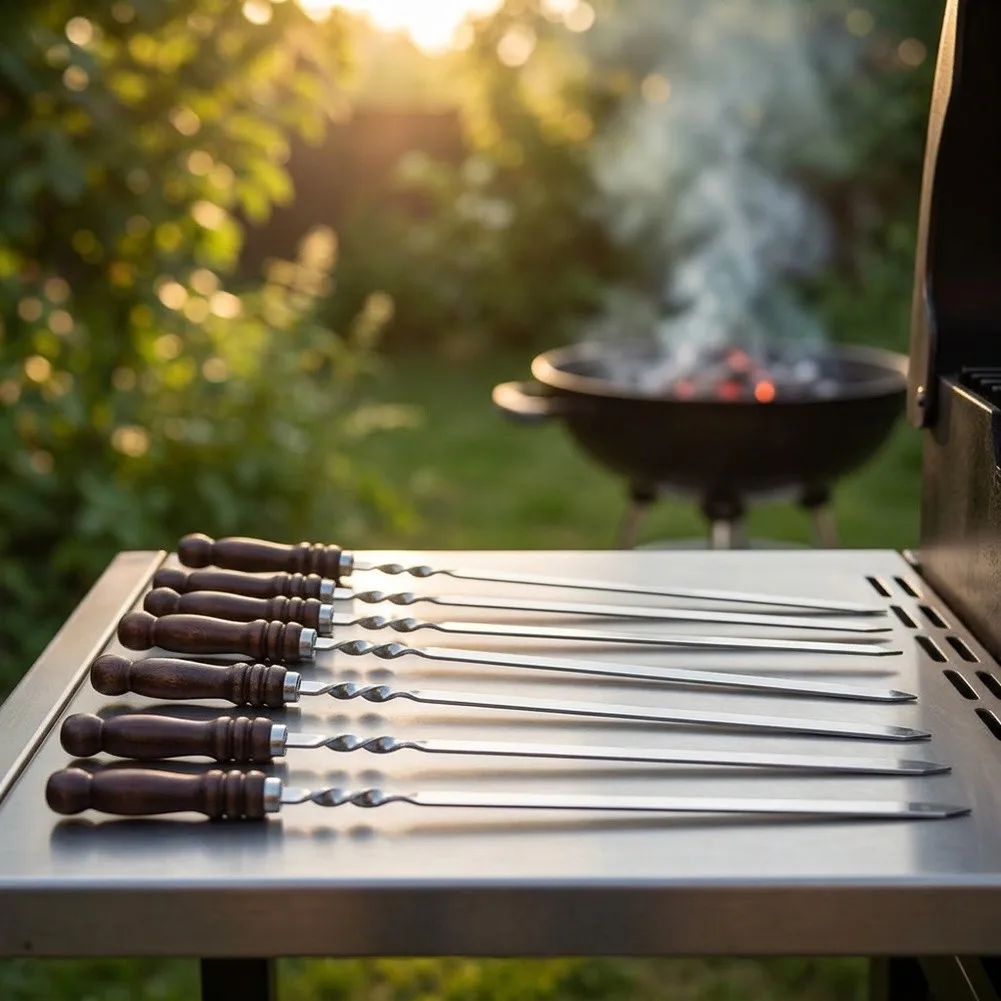 Wooden Handle BBQ Skewers Stainless Steel Flat Skewers With  Wooden Handle Roast BBQ Skewer Cooking Tool