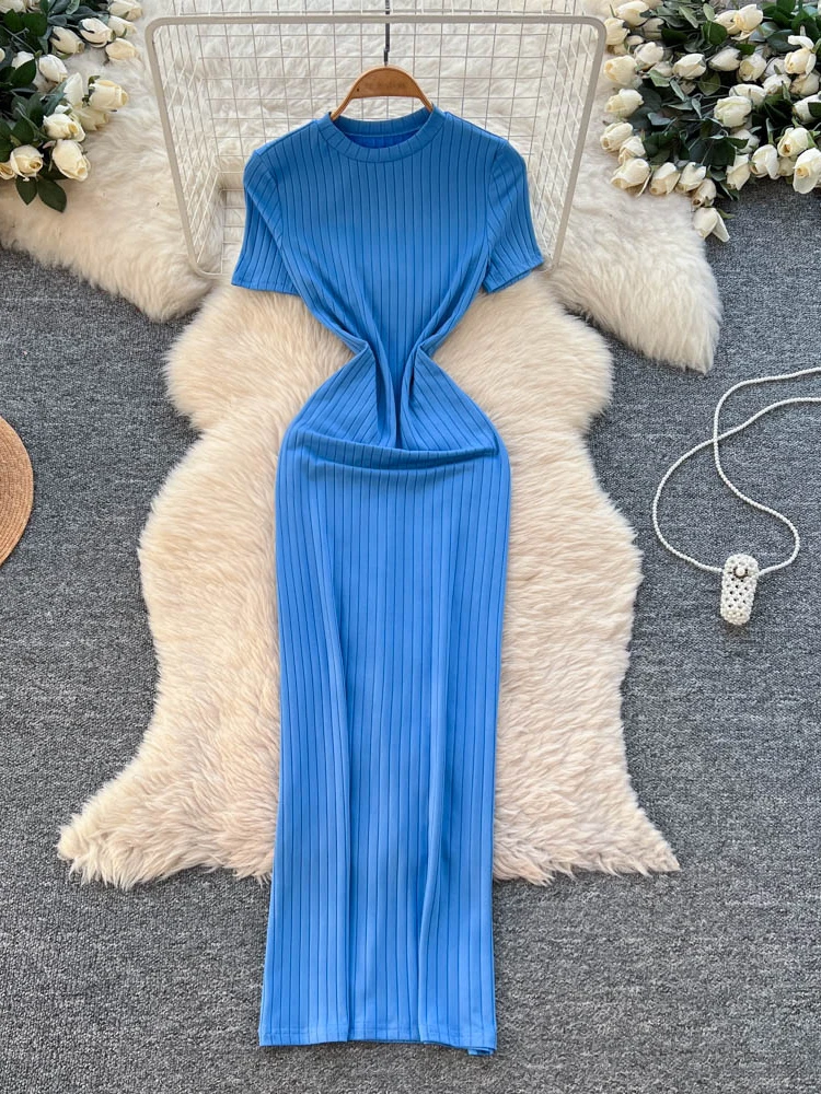 Foamlina Blue Knit Bodycon Dress Women Fashion O Neck Short Sleeve Sash Tie-up Back Slim Fit Long Dress for Casual Daily Wear
