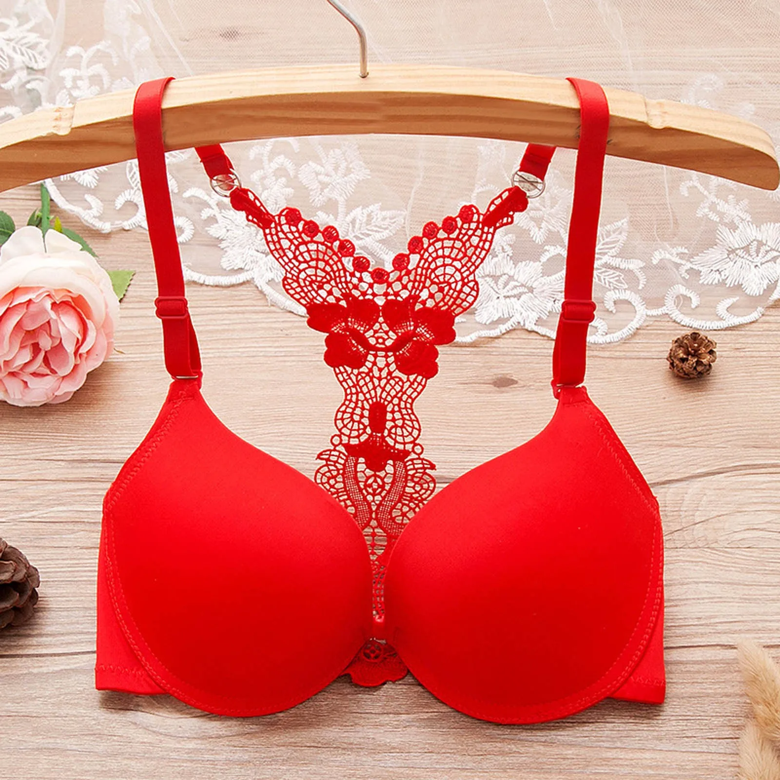 Women'S Bras Front Button Y-Shaped Butterfly Beautiful Back Gathered Sexy Bra With Steel Ring And Lace Adjustment Shockproof Bra