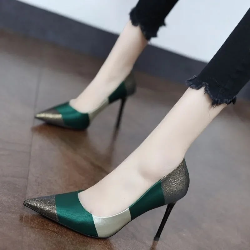 2023 Spring Fashion Sexy High Heels Women Pumps Pointed Toe Office Lady Working Shoes French Style Female Footware Black GREEN