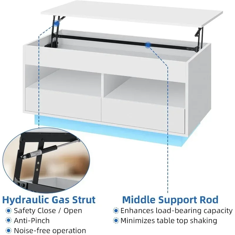 Журнальный столик с подъемным верхом и светодиодной подсветкой Современный журнальный столик с глянцевым журнальным столиком для хранения вещей для гостиной