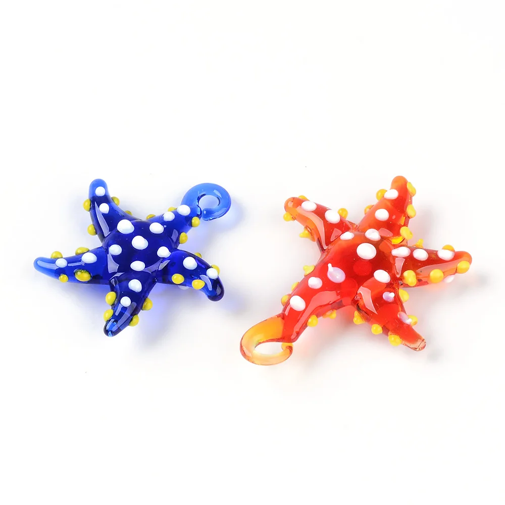 6PCS Glass Starfish Pendant Cute Doll Glass Pendant Colorful Small Starfish Jewelry Making Necklace Earrings DIY Accessories