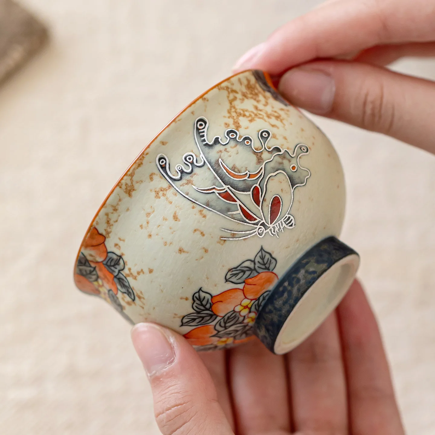 Hand Painted Blue White Peony Butterfly Flint Red Master Tea Cup Single Kung Fu Tea Ceremony Tasting Gift