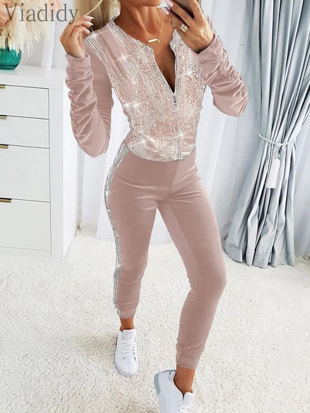 Women Casual Solid Color Velvet Contrast Sequin Zipper Design Long Sleeve Coat and Pants 2pcs Set