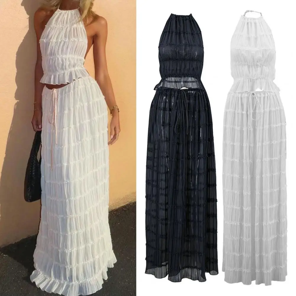 Terno de saia longa para mulheres, elegante com cordões, gola com cabeçada, conjunto de saia maxi, biquíni de praia com cintura alta