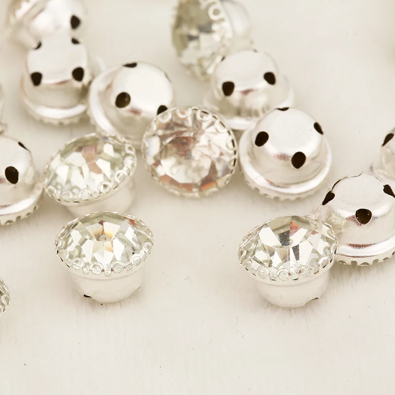 RESEN 6/8/10mm Sew On Round Rhinestone Gold/Sliver Flower Claw Glass Clear Crystal Rhinestone with Holes DIY Garment Accessories