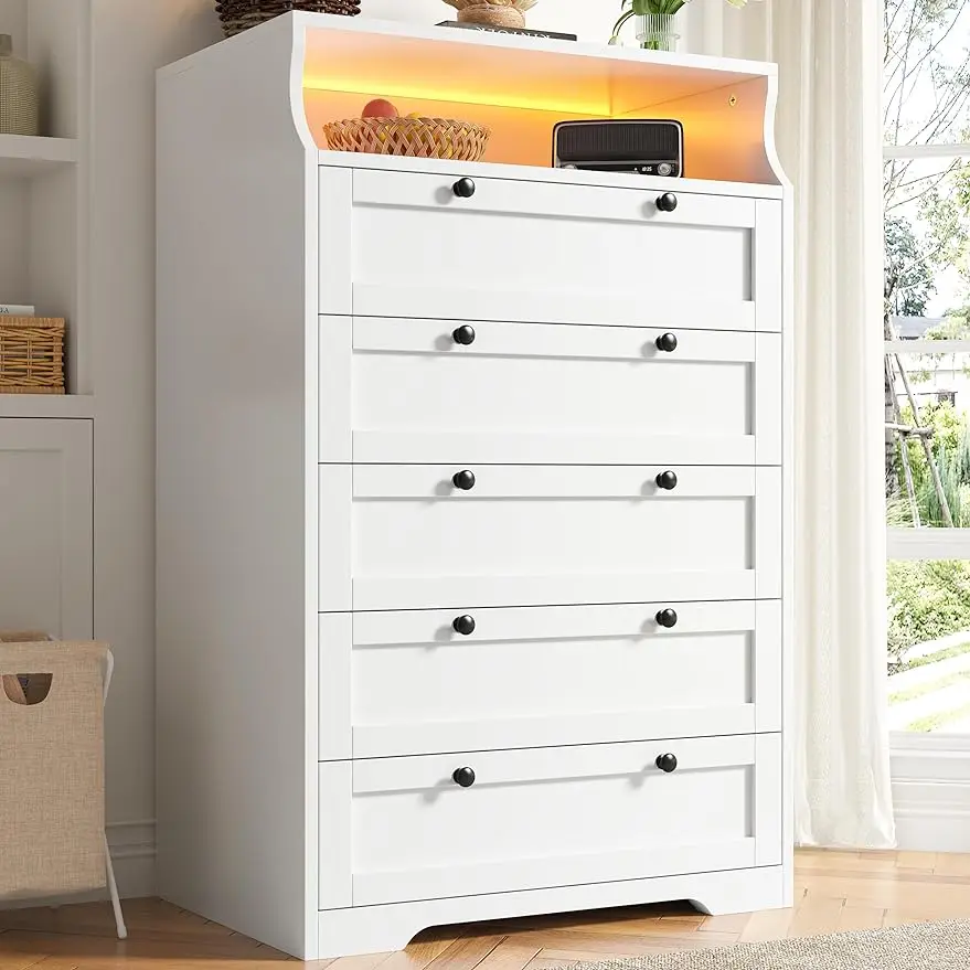 Dresser for Bedroom with LED, Tall Dresser with 5 Wood Drawers, Dressers & Chests of Drawers, Dressers  with Metal Handles