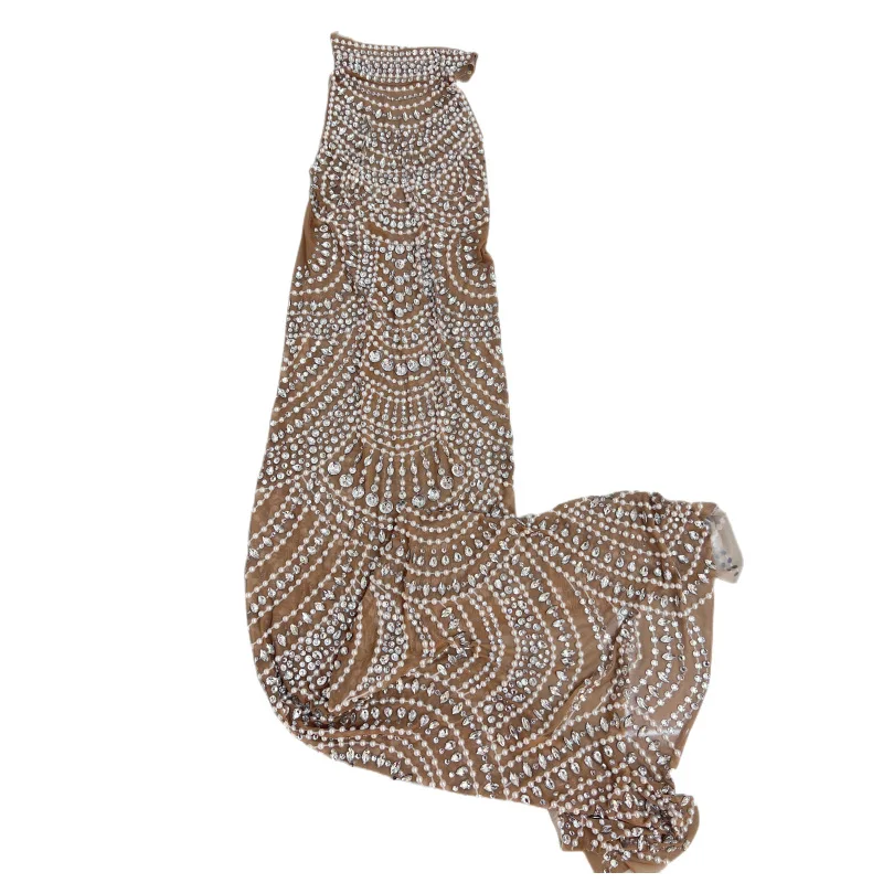 Apricot Sleeveless Long Dress Pearl Diamond Inlaid Round Neck, Back Split, Luxury Elegant Style Party High-End Performance Dress